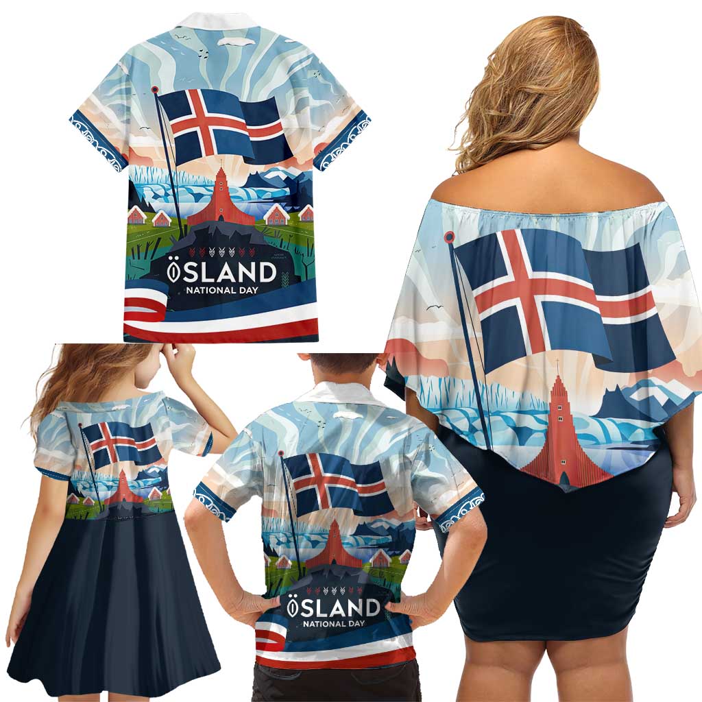 Iceland National Day Family Matching Off Shoulder Short Dress and Hawaiian Shirt with Icelandic Flag Crest and Scenic Landscape Design