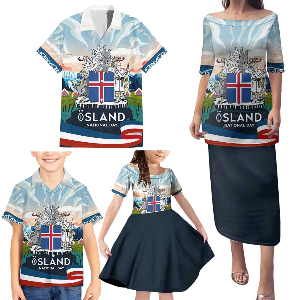 Iceland National Day Family Matching Puletasi and Hawaiian Shirt with Icelandic Flag Crest and Scenic Landscape Design