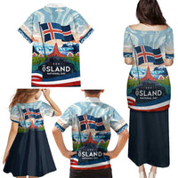 Iceland National Day Family Matching Puletasi and Hawaiian Shirt with Icelandic Flag Crest and Scenic Landscape Design