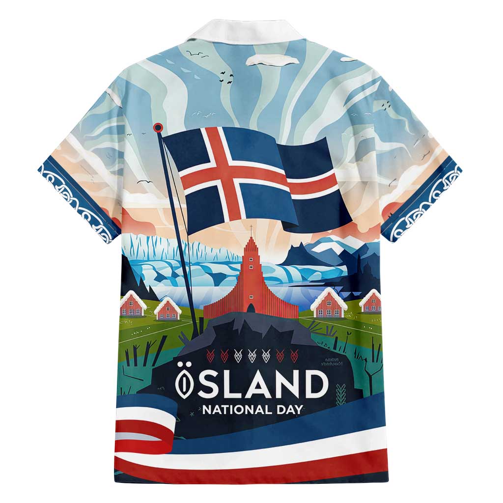 Iceland National Day Family Matching Puletasi and Hawaiian Shirt with Icelandic Flag Crest and Scenic Landscape Design