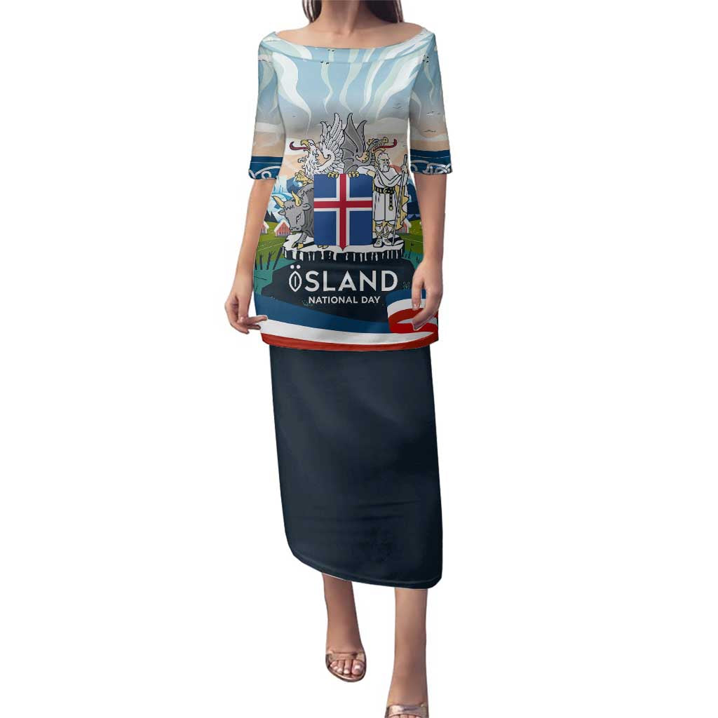Iceland National Day Family Matching Puletasi and Hawaiian Shirt with Icelandic Flag Crest and Scenic Landscape Design