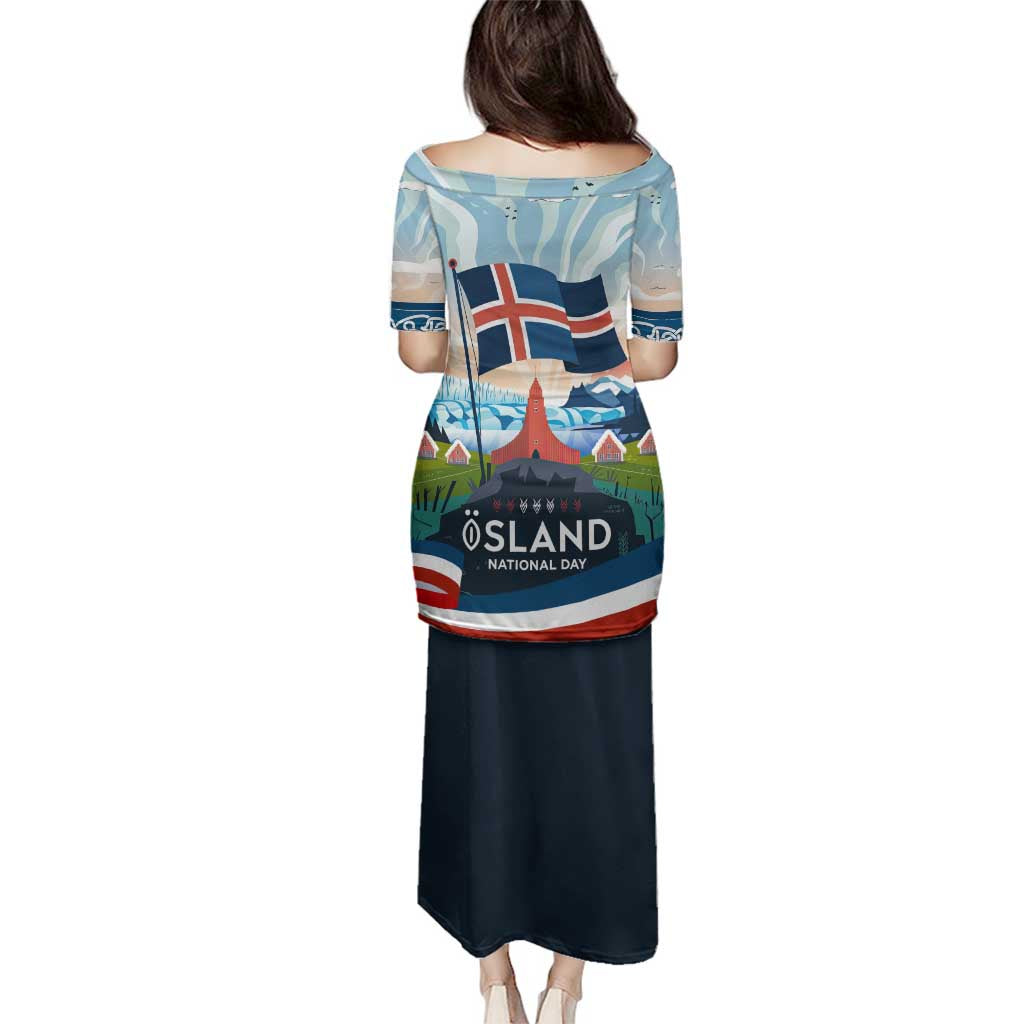 Iceland National Day Family Matching Puletasi and Hawaiian Shirt with Icelandic Flag Crest and Scenic Landscape Design
