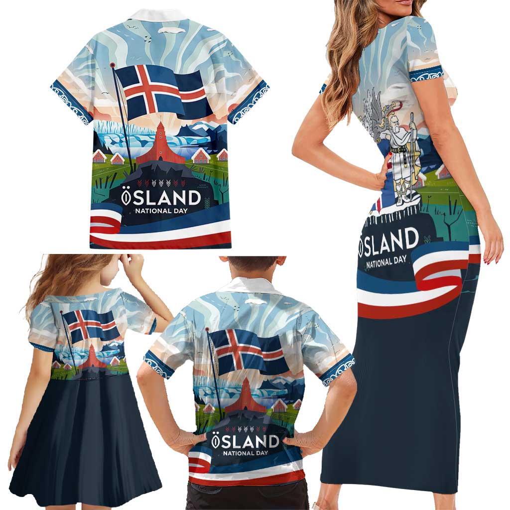 Iceland National Day Family Matching Short Sleeve Bodycon Dress and Hawaiian Shirt with Icelandic Flag Crest and Scenic Landscape Design