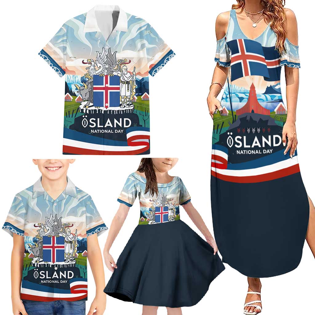 Iceland National Day Family Matching Summer Maxi Dress and Hawaiian Shirt with Icelandic Flag Crest and Scenic Landscape Design