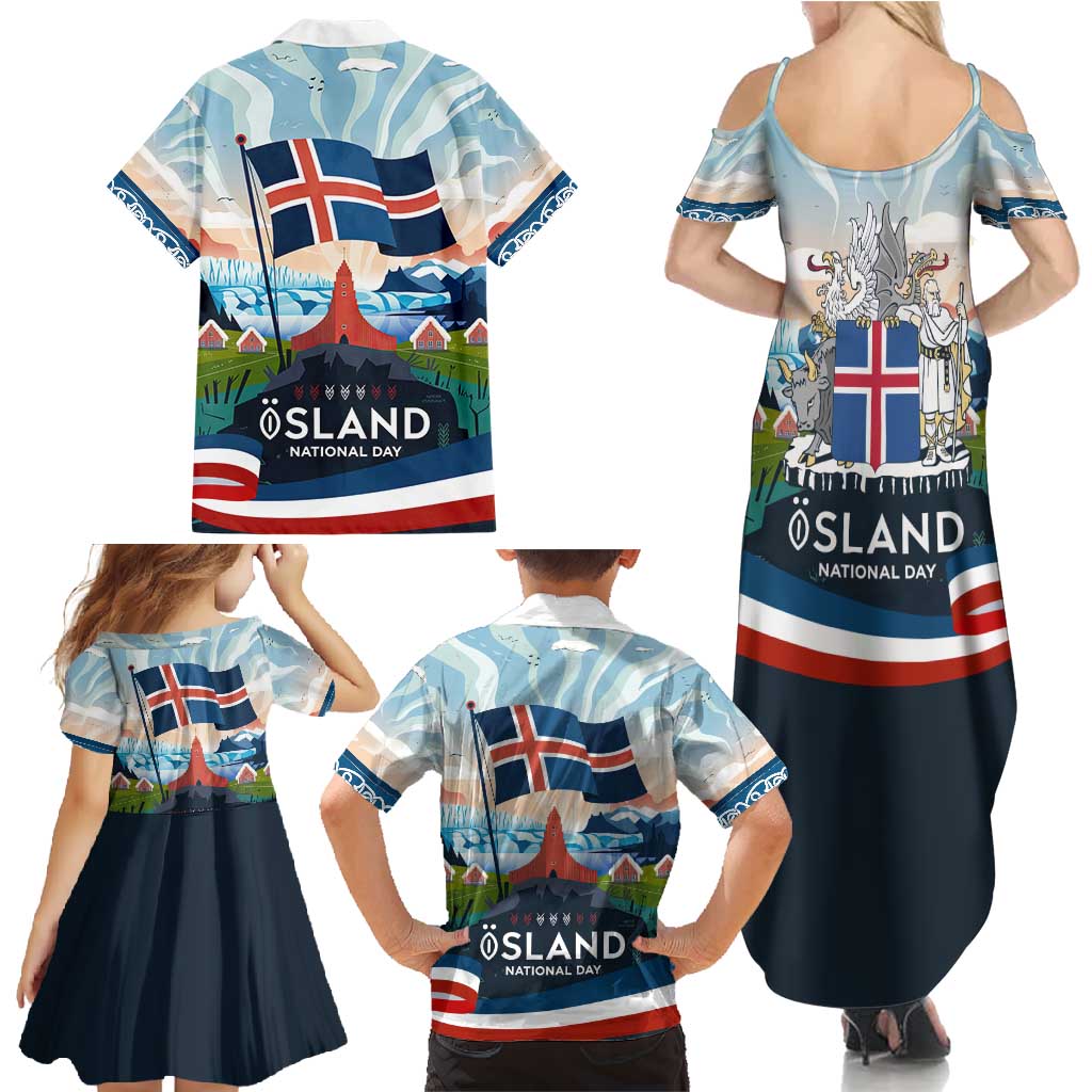 Iceland National Day Family Matching Summer Maxi Dress and Hawaiian Shirt with Icelandic Flag Crest and Scenic Landscape Design
