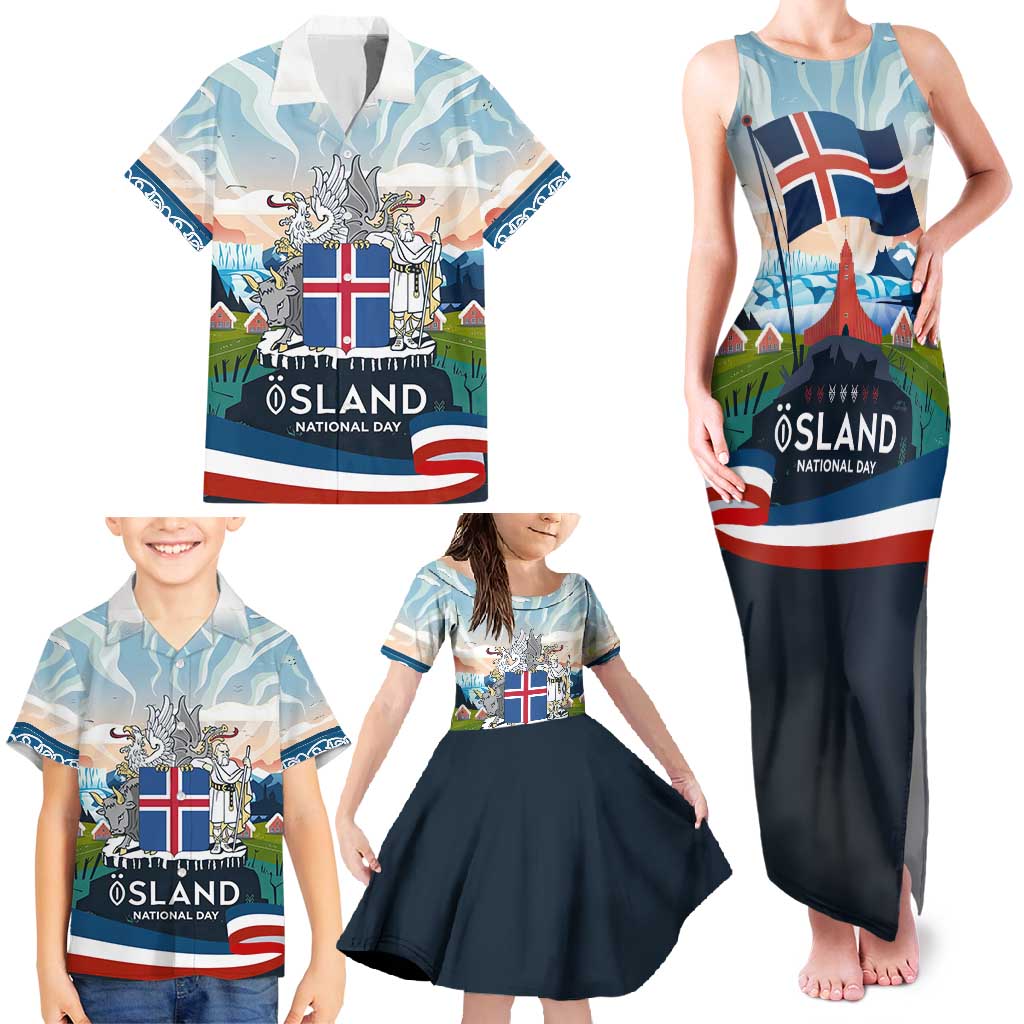 Iceland National Day Family Matching Tank Maxi Dress and Hawaiian Shirt with Icelandic Flag Crest and Scenic Landscape Design