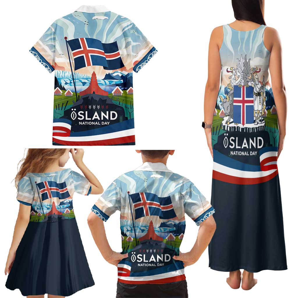 Iceland National Day Family Matching Tank Maxi Dress and Hawaiian Shirt with Icelandic Flag Crest and Scenic Landscape Design