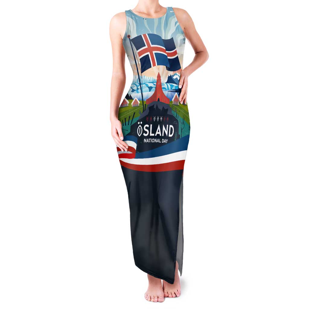 Iceland National Day Family Matching Tank Maxi Dress and Hawaiian Shirt with Icelandic Flag Crest and Scenic Landscape Design
