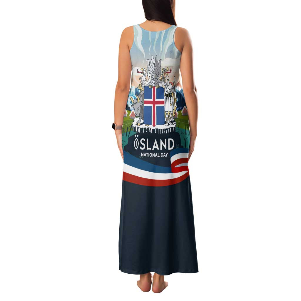 Iceland National Day Family Matching Tank Maxi Dress and Hawaiian Shirt with Icelandic Flag Crest and Scenic Landscape Design