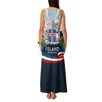 Iceland National Day Family Matching Tank Maxi Dress and Hawaiian Shirt with Icelandic Flag Crest and Scenic Landscape Design