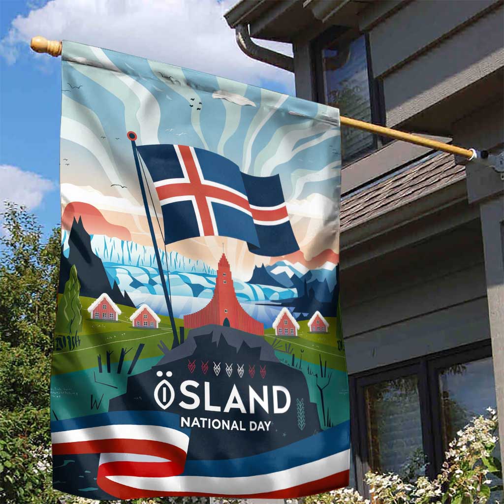 Iceland National Day Garden Flag with Icelandic Flag Crest and Scenic Landscape Design