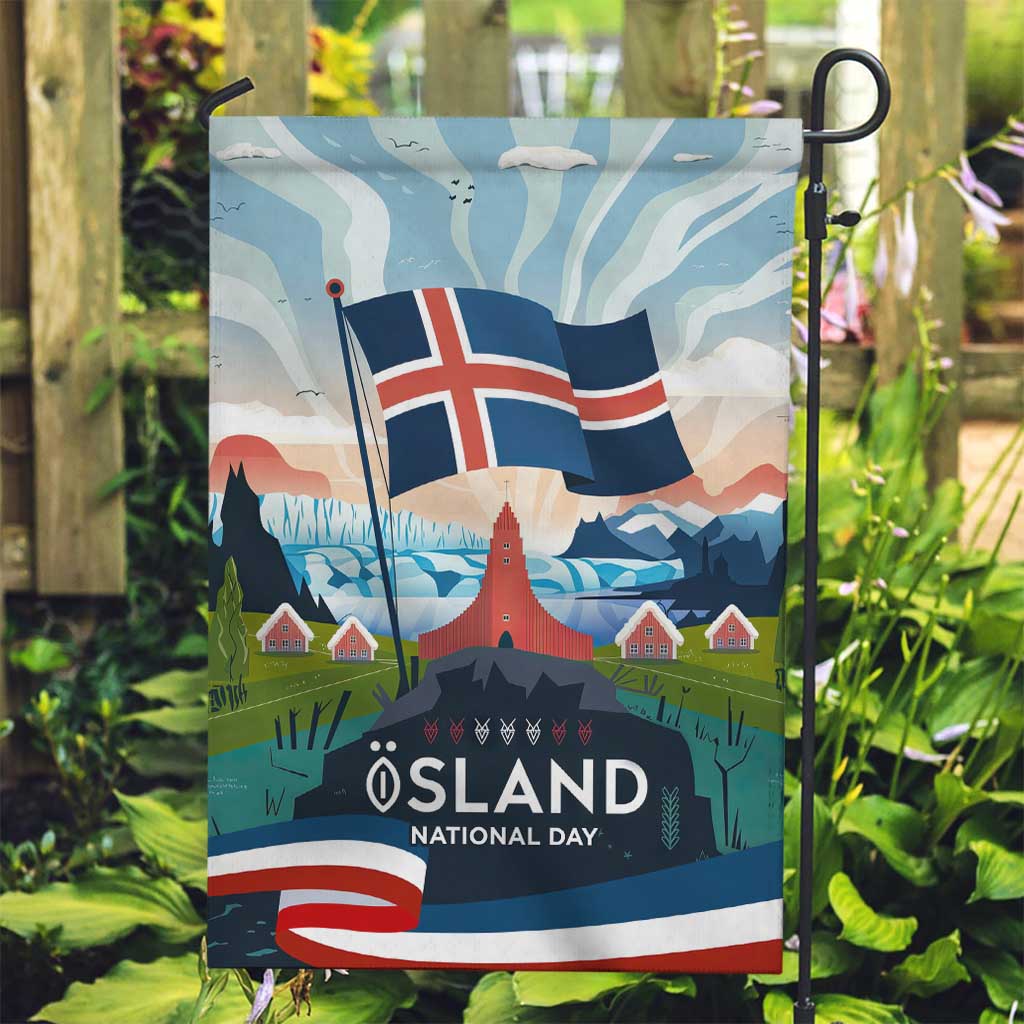 Iceland National Day Garden Flag with Icelandic Flag Crest and Scenic Landscape Design