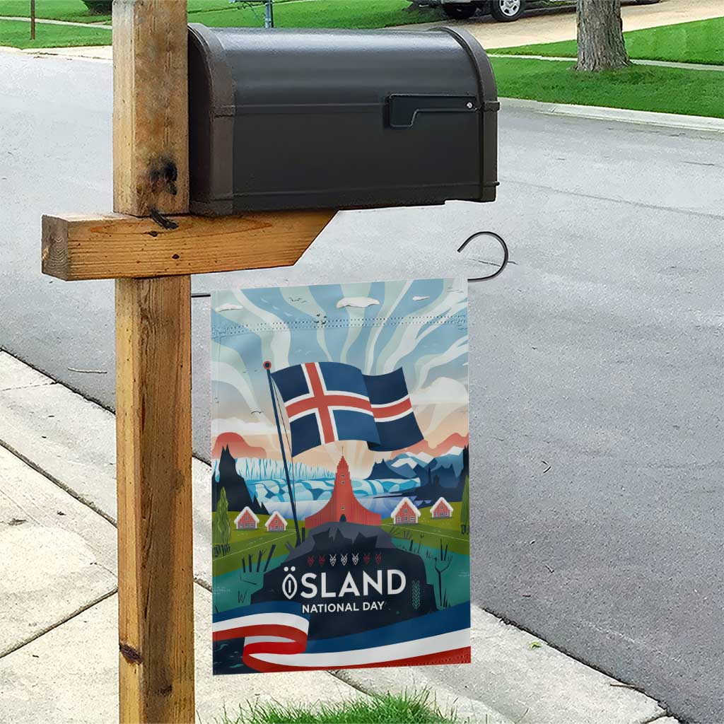 Iceland National Day Garden Flag with Icelandic Flag Crest and Scenic Landscape Design