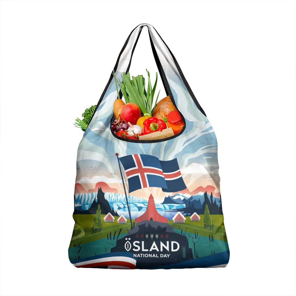 Iceland National Day Grocery Bag with Icelandic Flag Crest and Scenic Landscape Design