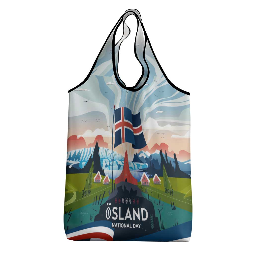 Iceland National Day Grocery Bag with Icelandic Flag Crest and Scenic Landscape Design