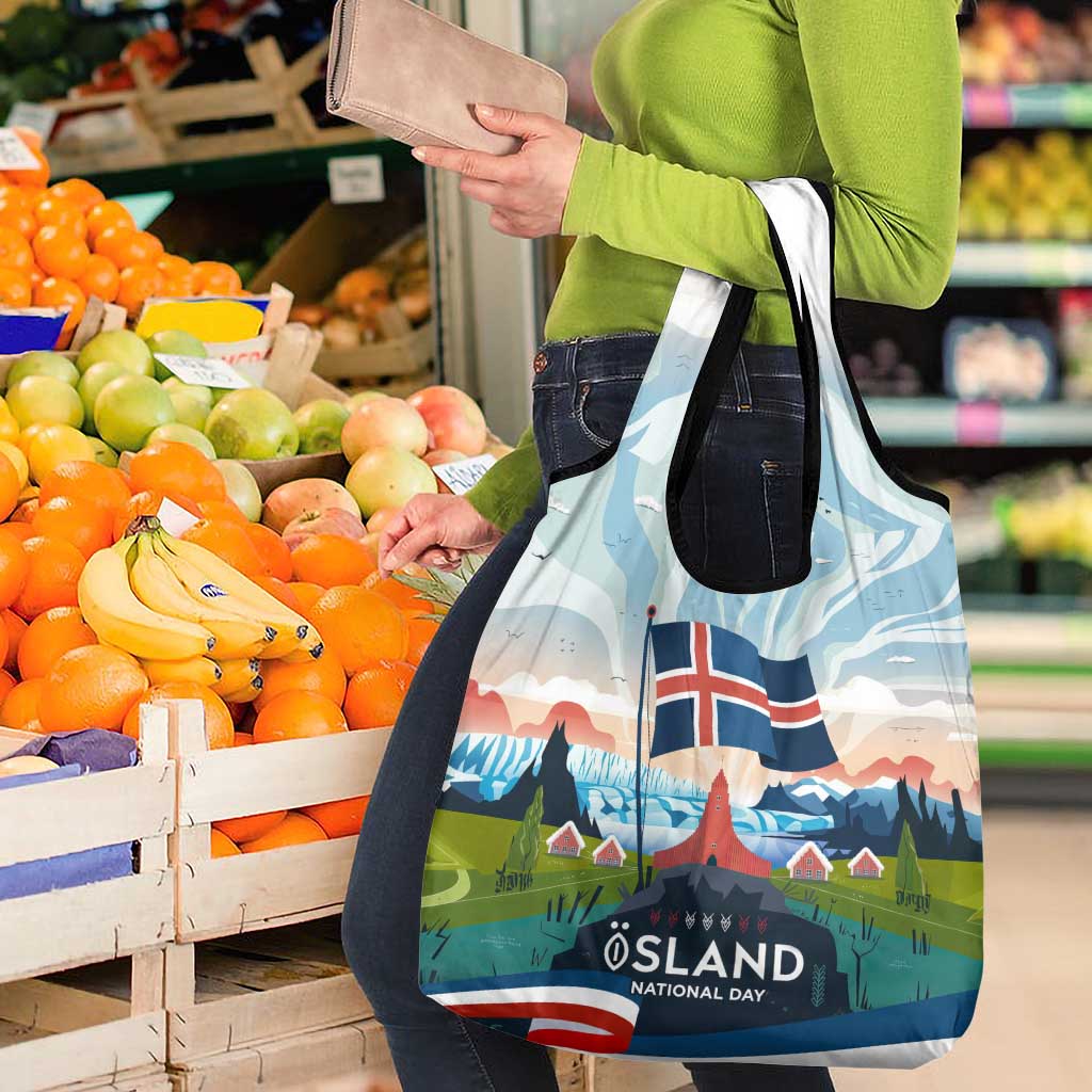 Iceland National Day Grocery Bag with Icelandic Flag Crest and Scenic Landscape Design