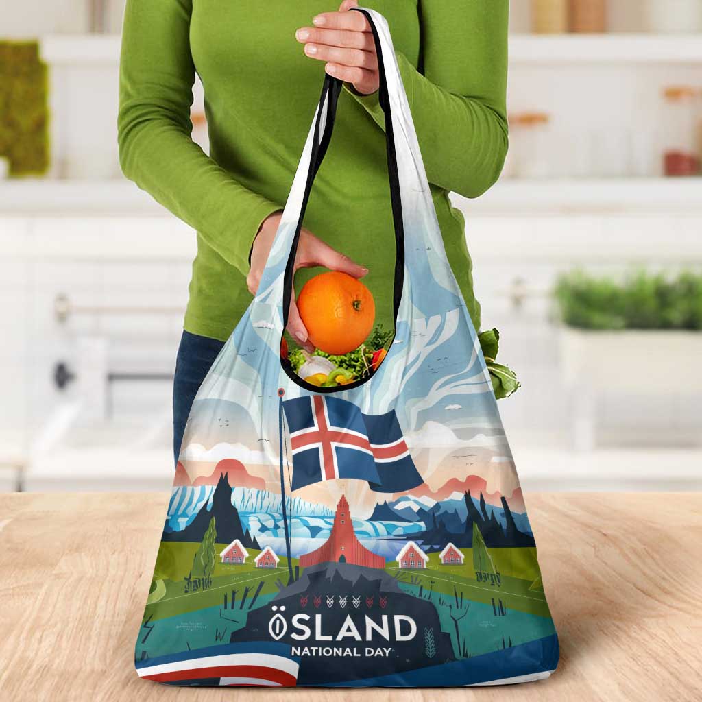 Iceland National Day Grocery Bag with Icelandic Flag Crest and Scenic Landscape Design