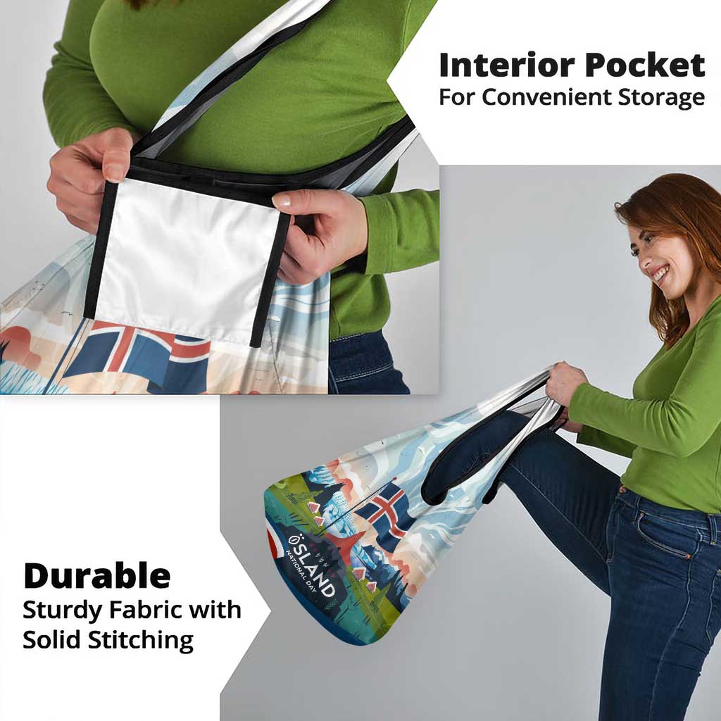 Iceland National Day Grocery Bag with Icelandic Flag Crest and Scenic Landscape Design