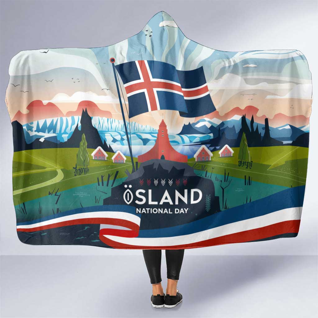 Iceland National Day Hooded Blanket with Icelandic Flag Crest and Scenic Landscape Design