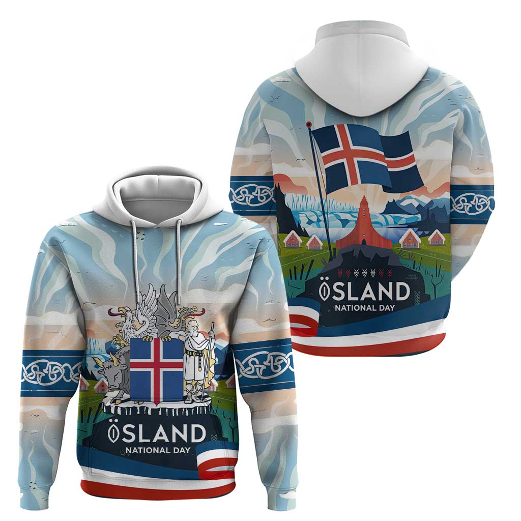 Iceland National Day Hoodie with Icelandic Flag Crest and Scenic Landscape Design