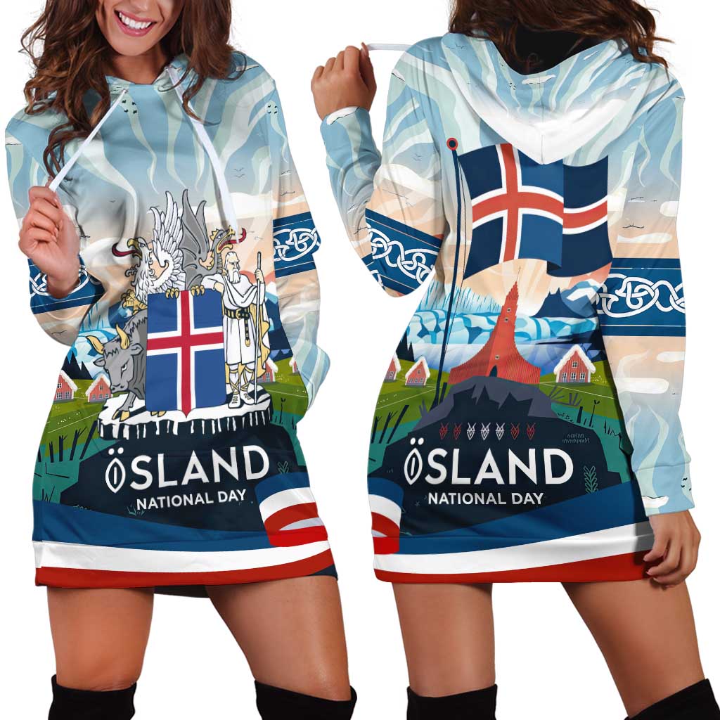 Iceland National Day Hoodie Dress with Icelandic Flag Crest and Scenic Landscape Design