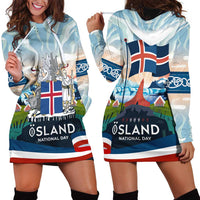 Iceland National Day Hoodie Dress with Icelandic Flag Crest and Scenic Landscape Design