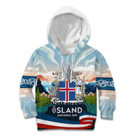 Iceland National Day Kid Hoodie with Icelandic Flag Crest and Scenic Landscape Design