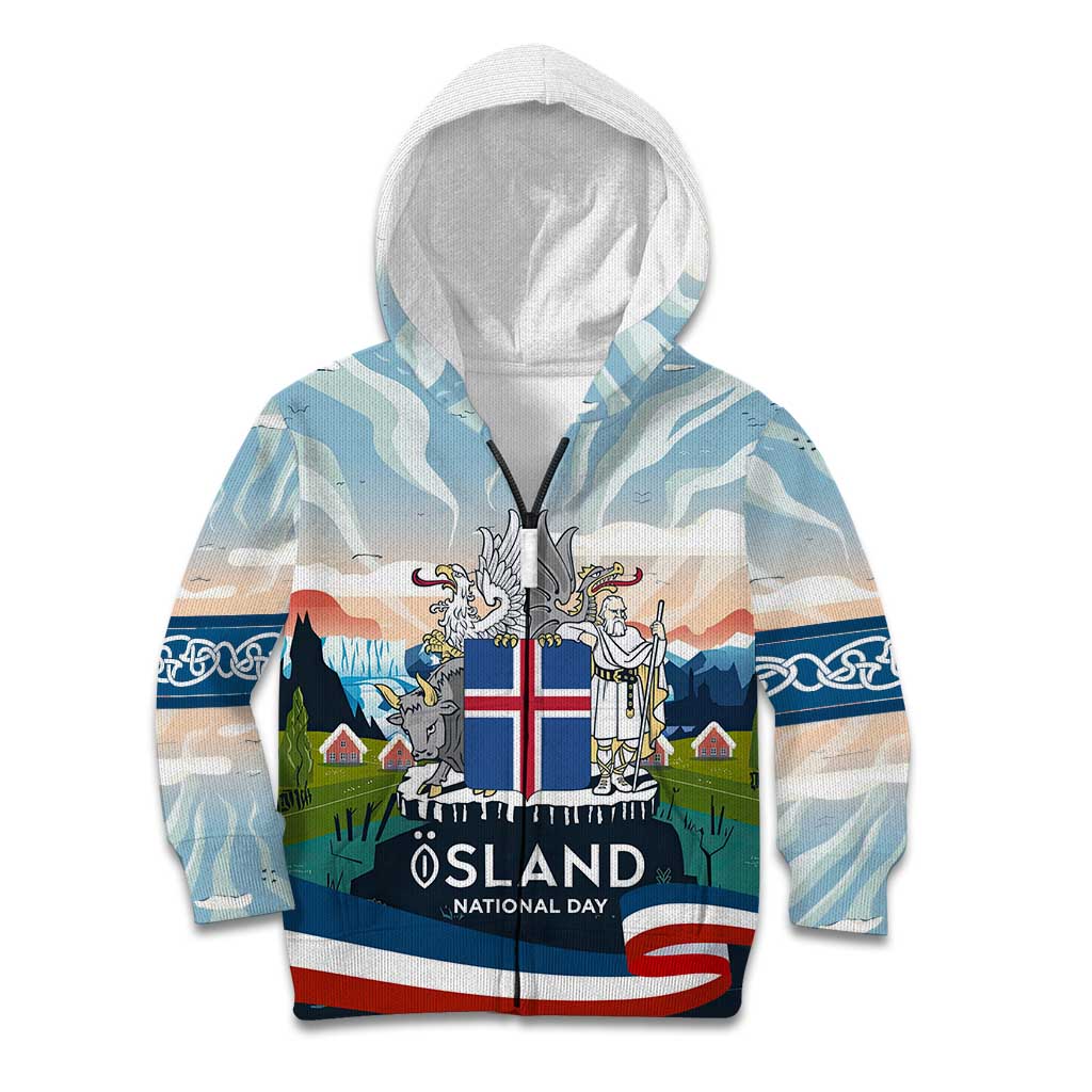 Iceland National Day Kid Hoodie with Icelandic Flag Crest and Scenic Landscape Design
