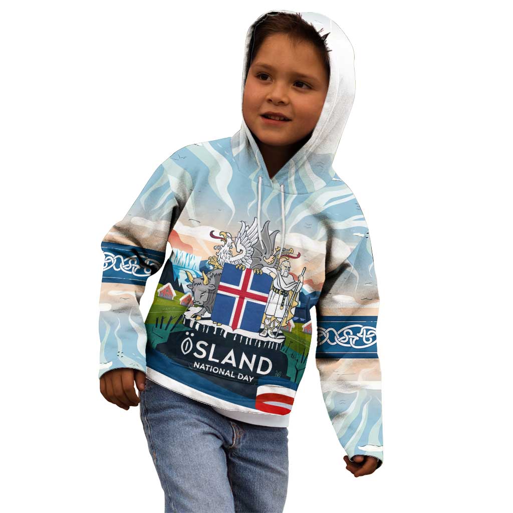 Iceland National Day Kid Hoodie with Icelandic Flag Crest and Scenic Landscape Design