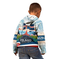 Iceland National Day Kid Hoodie with Icelandic Flag Crest and Scenic Landscape Design