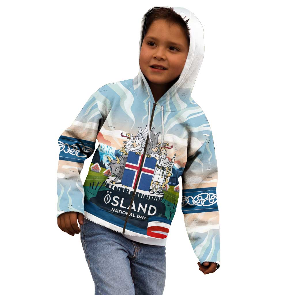 Iceland National Day Kid Hoodie with Icelandic Flag Crest and Scenic Landscape Design