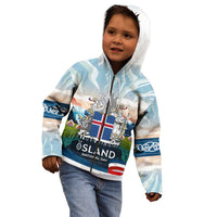 Iceland National Day Kid Hoodie with Icelandic Flag Crest and Scenic Landscape Design