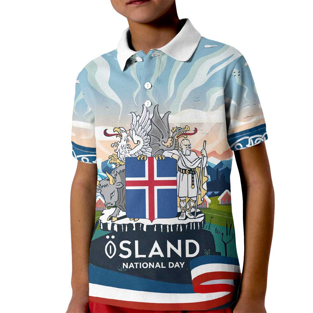 Iceland National Day Kid Polo Shirt with Icelandic Flag Crest and Scenic Landscape Design
