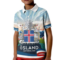 Iceland National Day Kid Polo Shirt with Icelandic Flag Crest and Scenic Landscape Design