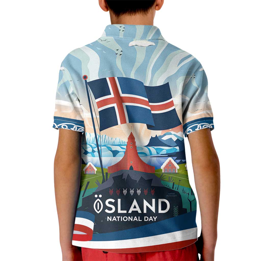 Iceland National Day Kid Polo Shirt with Icelandic Flag Crest and Scenic Landscape Design