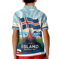 Iceland National Day Kid Polo Shirt with Icelandic Flag Crest and Scenic Landscape Design
