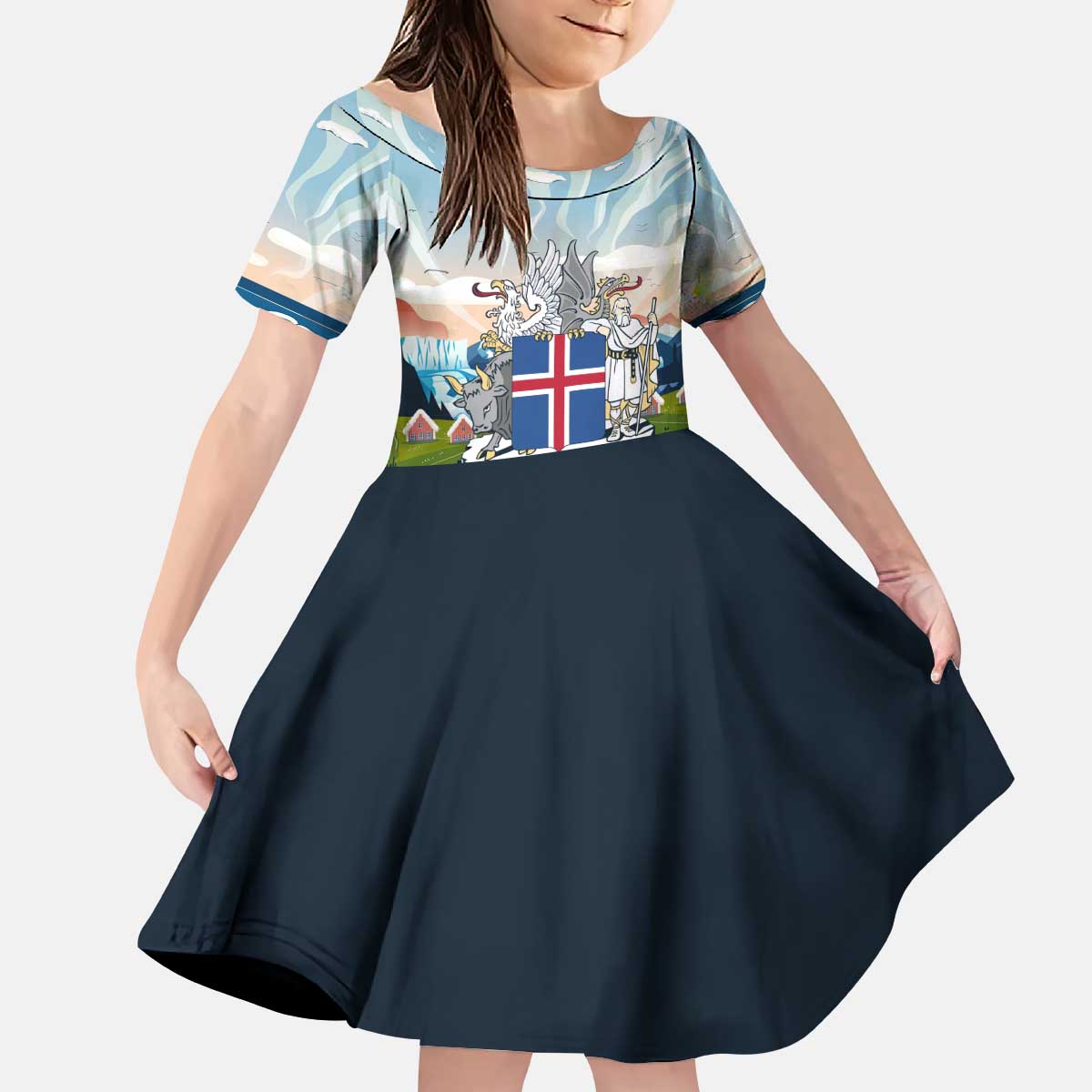 Iceland National Day Kid Short Sleeve Dress with Icelandic Flag Crest and Scenic Landscape Design
