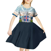 Iceland National Day Kid Short Sleeve Dress with Icelandic Flag Crest and Scenic Landscape Design