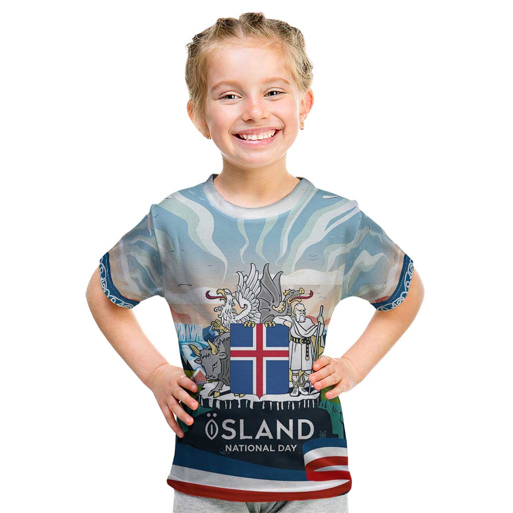 Iceland National Day Kid T Shirt with Icelandic Flag Crest and Scenic Landscape Design