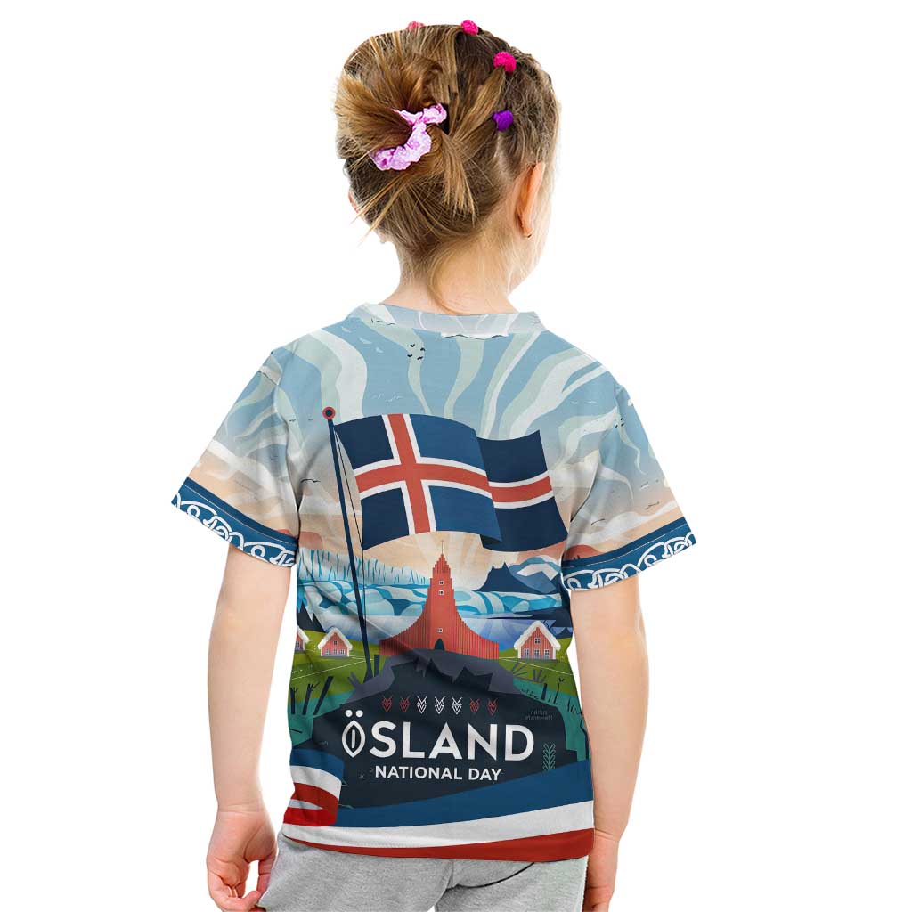 Iceland National Day Kid T Shirt with Icelandic Flag Crest and Scenic Landscape Design