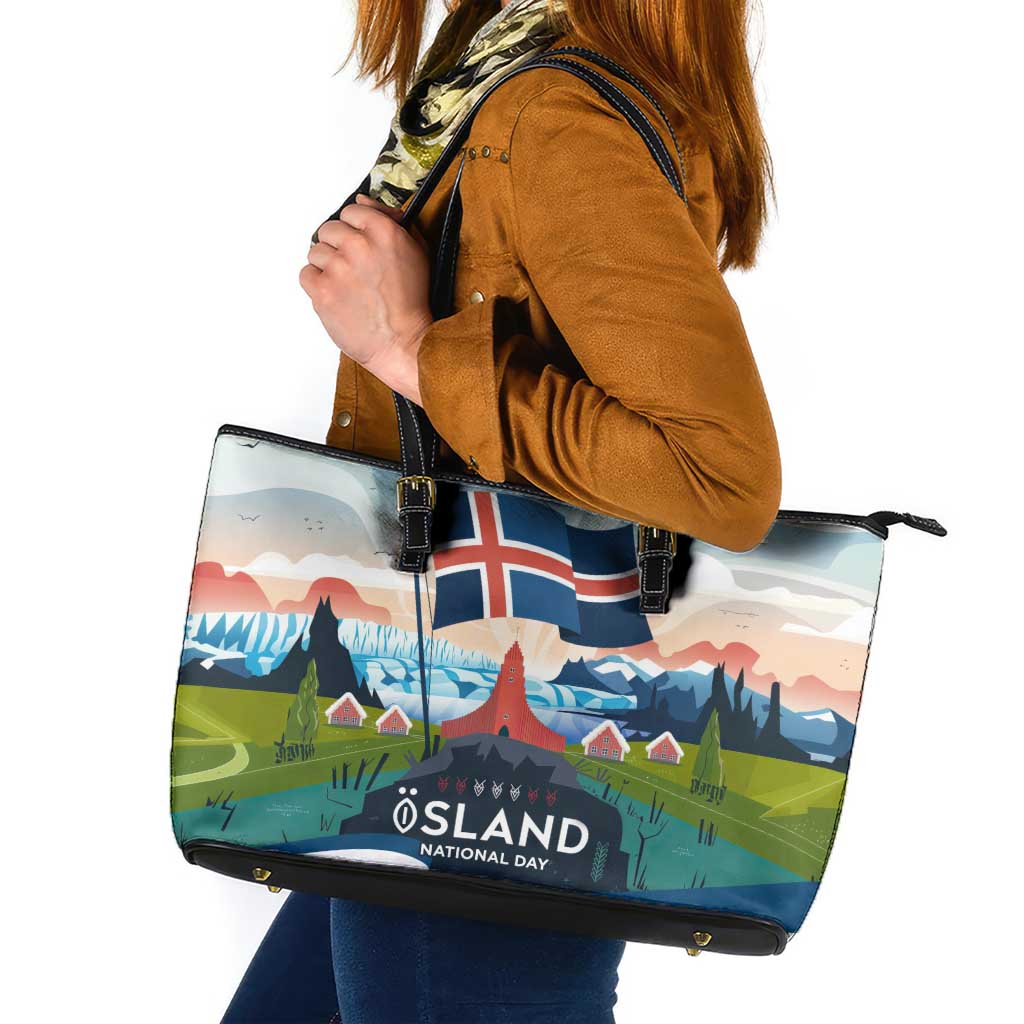 Iceland National Day Leather Tote Bag with Icelandic Flag Crest and Scenic Landscape Design