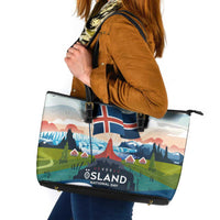 Iceland National Day Leather Tote Bag with Icelandic Flag Crest and Scenic Landscape Design