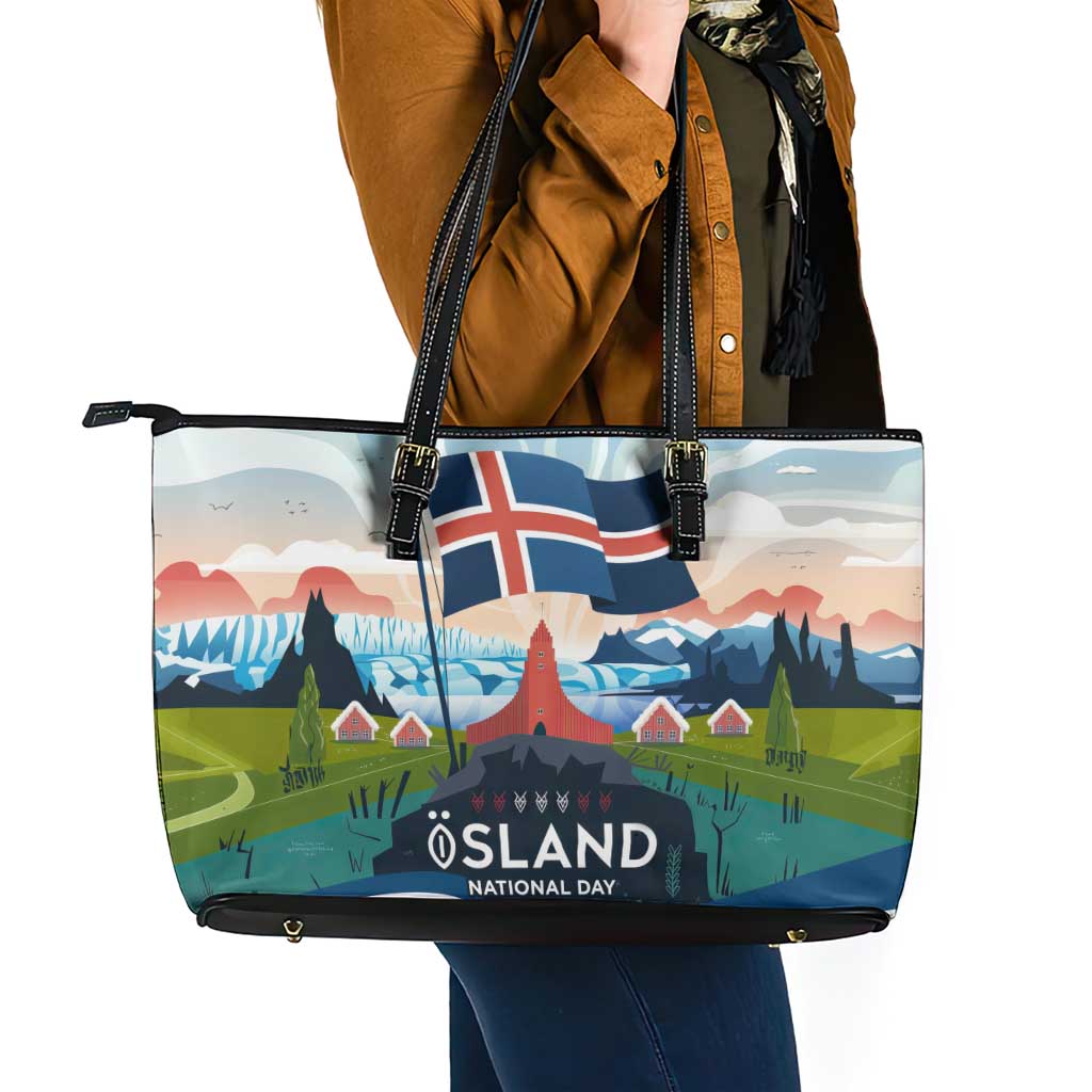 Iceland National Day Leather Tote Bag with Icelandic Flag Crest and Scenic Landscape Design