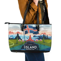 Iceland National Day Leather Tote Bag with Icelandic Flag Crest and Scenic Landscape Design