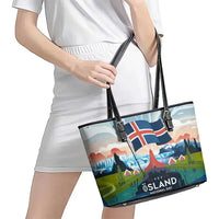 Iceland National Day Leather Tote Bag with Icelandic Flag Crest and Scenic Landscape Design