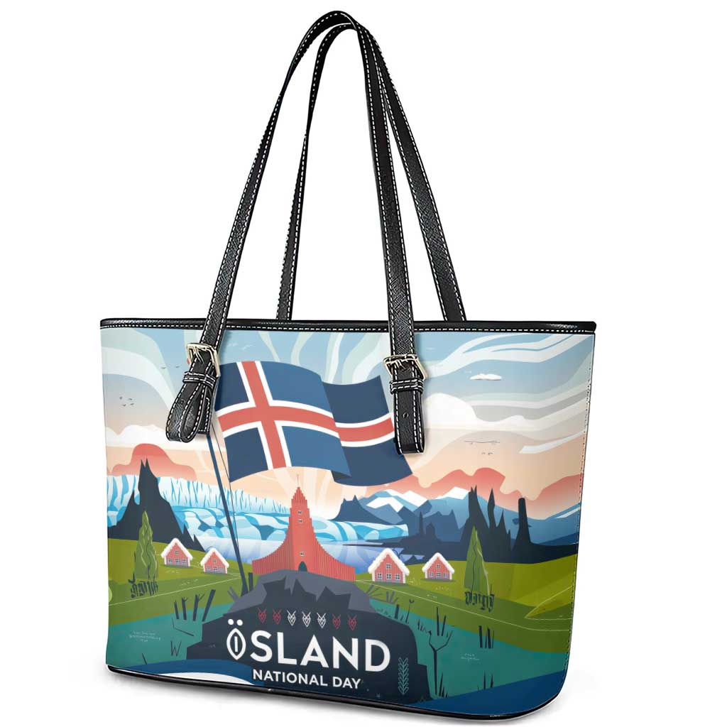 Iceland National Day Leather Tote Bag with Icelandic Flag Crest and Scenic Landscape Design