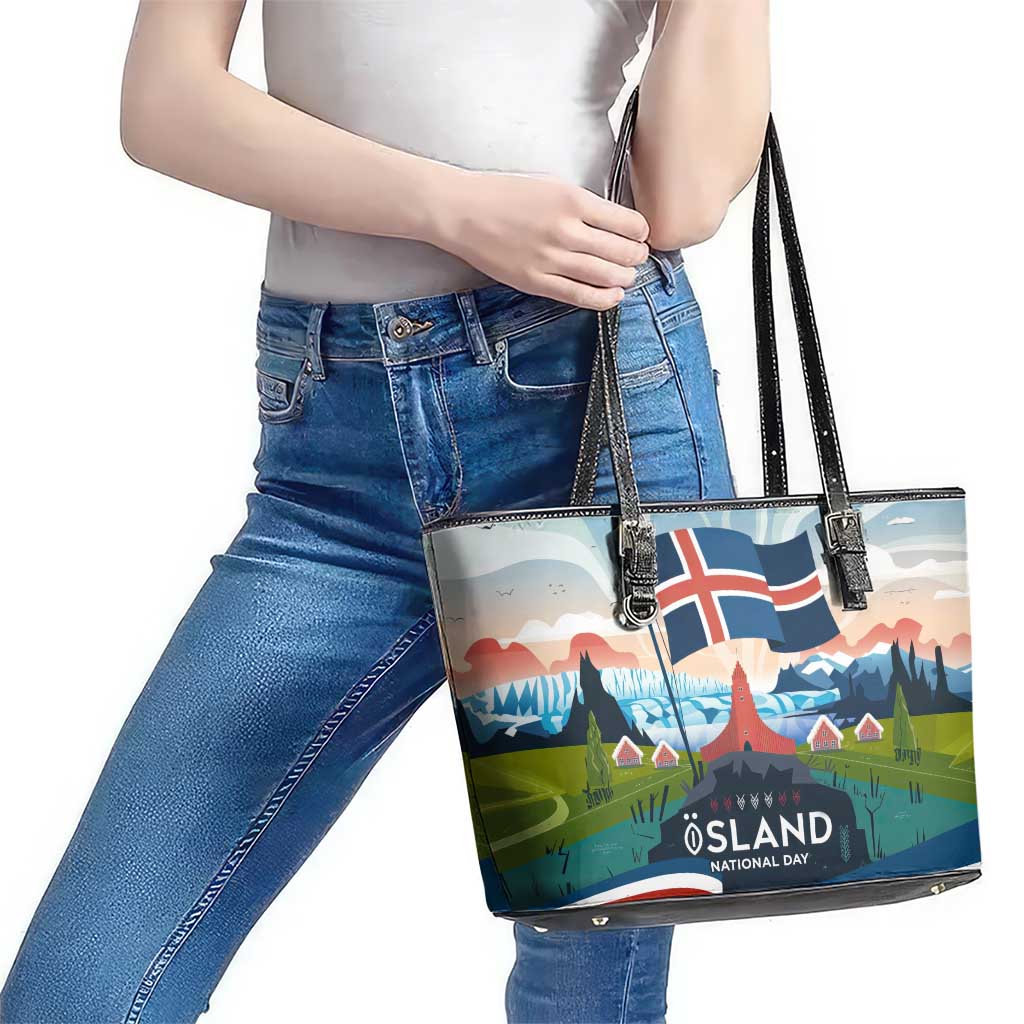 Iceland National Day Leather Tote Bag with Icelandic Flag Crest and Scenic Landscape Design