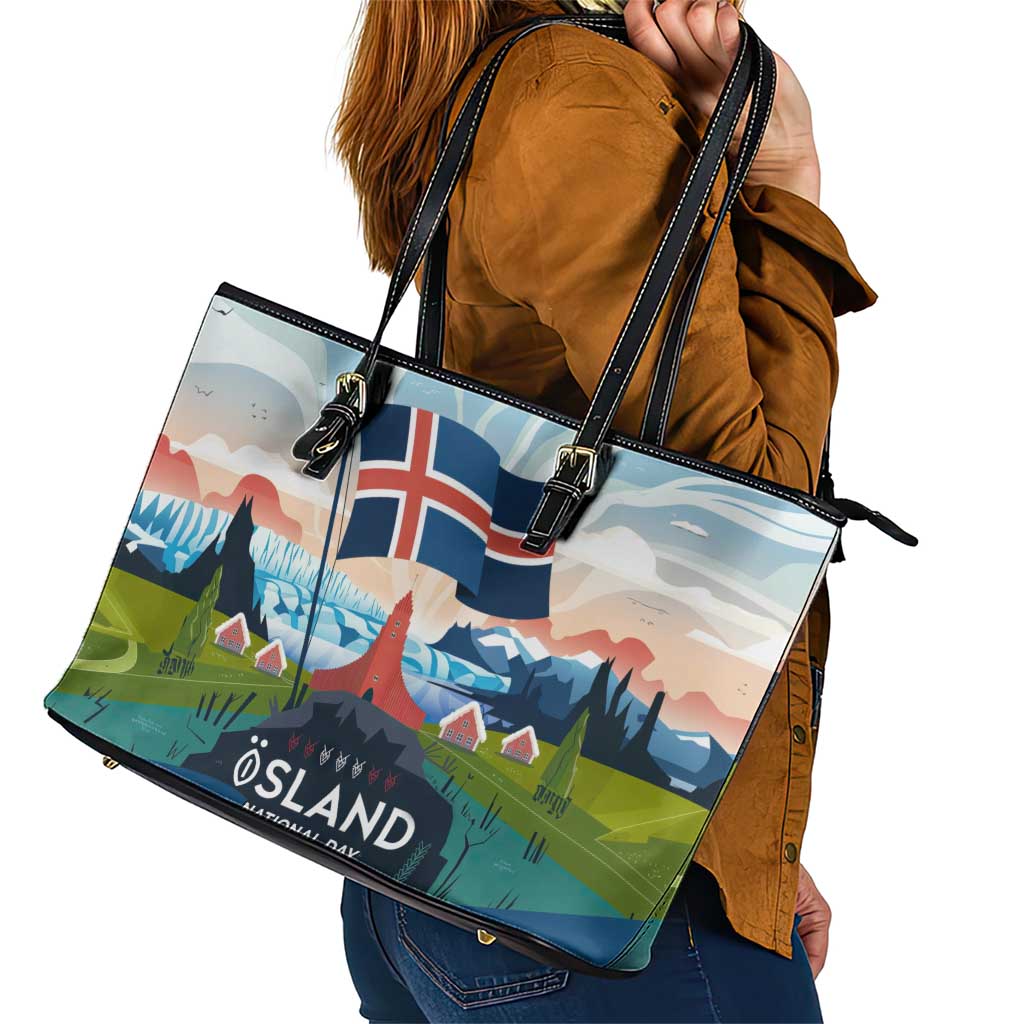 Iceland National Day Leather Tote Bag with Icelandic Flag Crest and Scenic Landscape Design