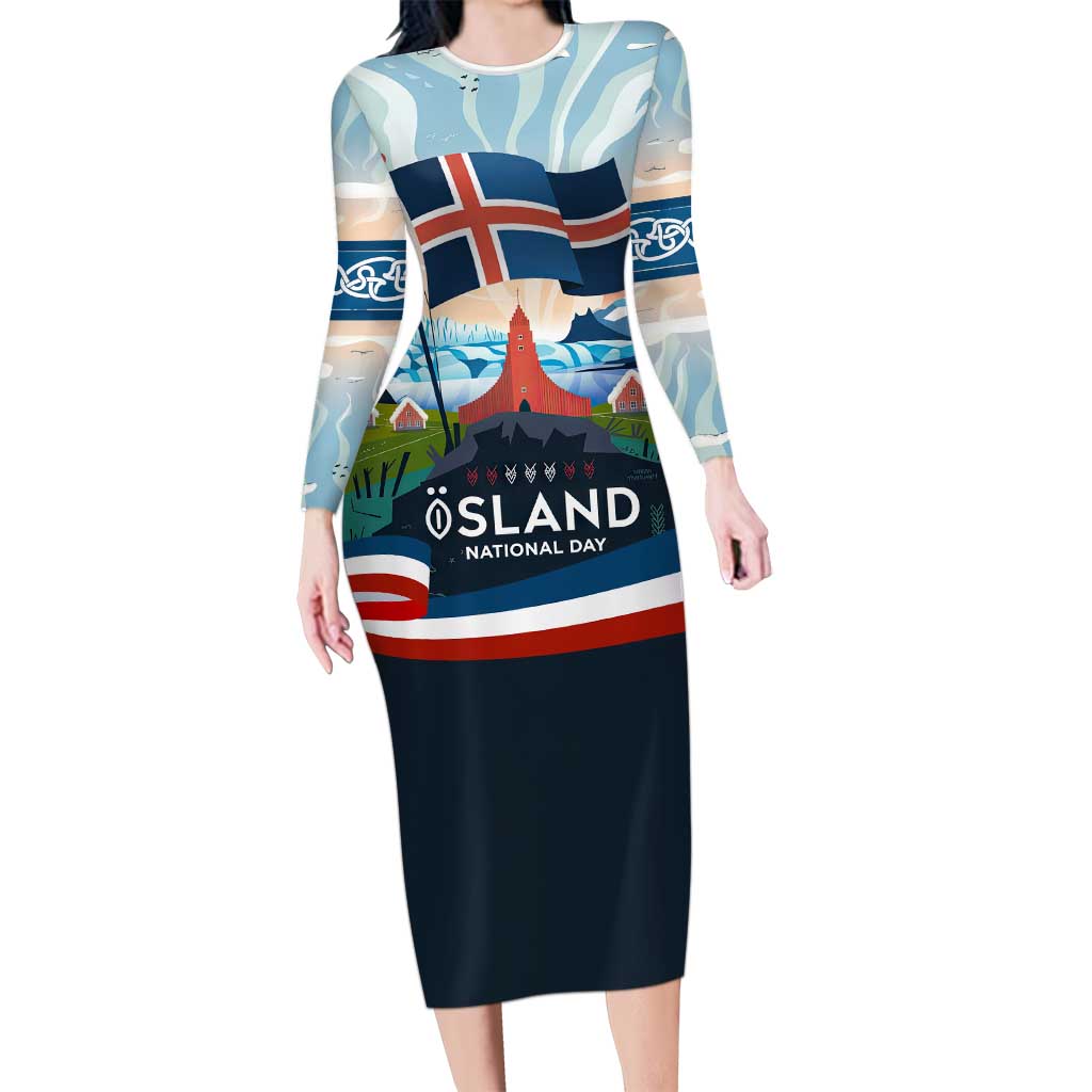 Iceland National Day Long Sleeve Bodycon Dress with Icelandic Flag Crest and Scenic Landscape Design