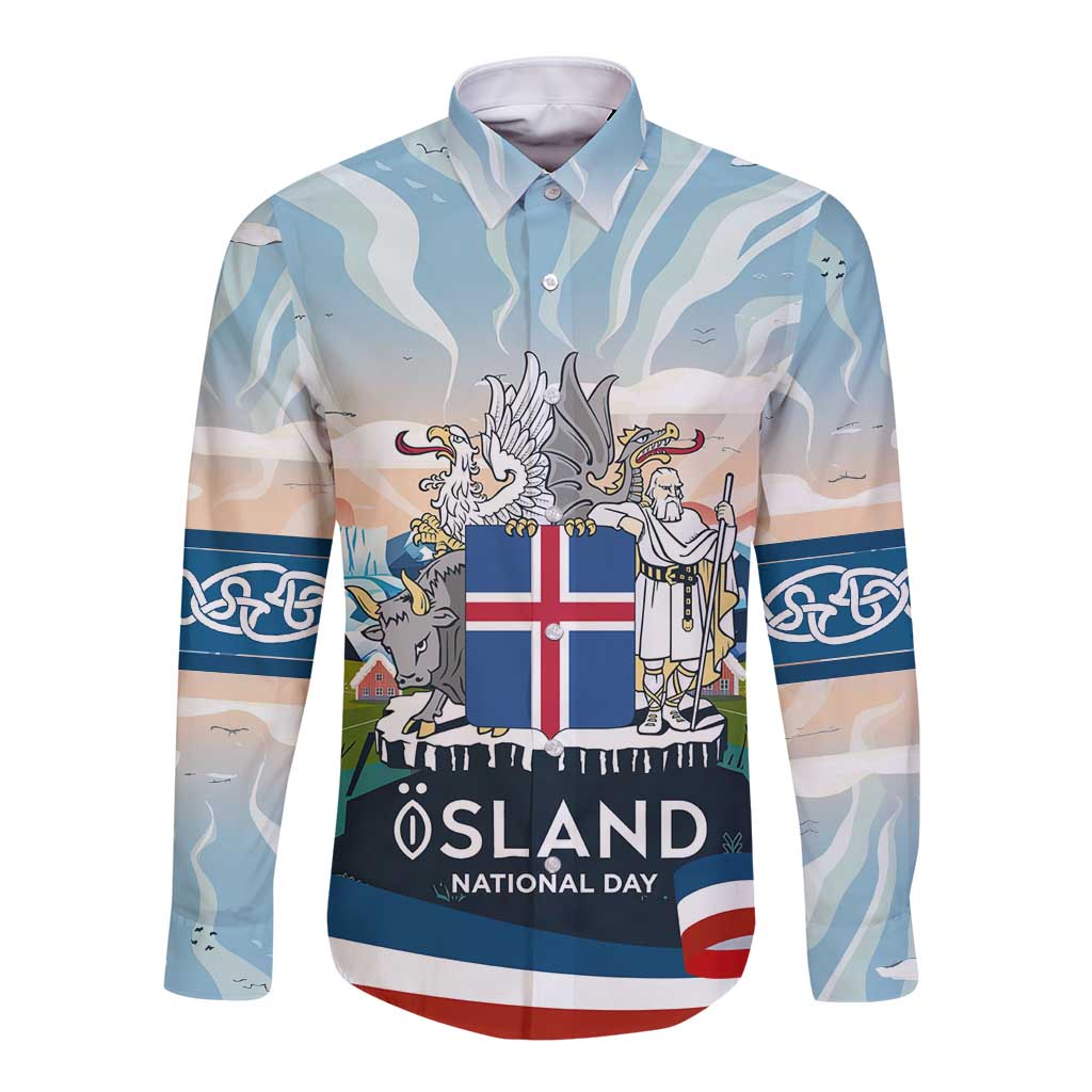 Iceland National Day Long Sleeve Button Shirt with Icelandic Flag Crest and Scenic Landscape Design